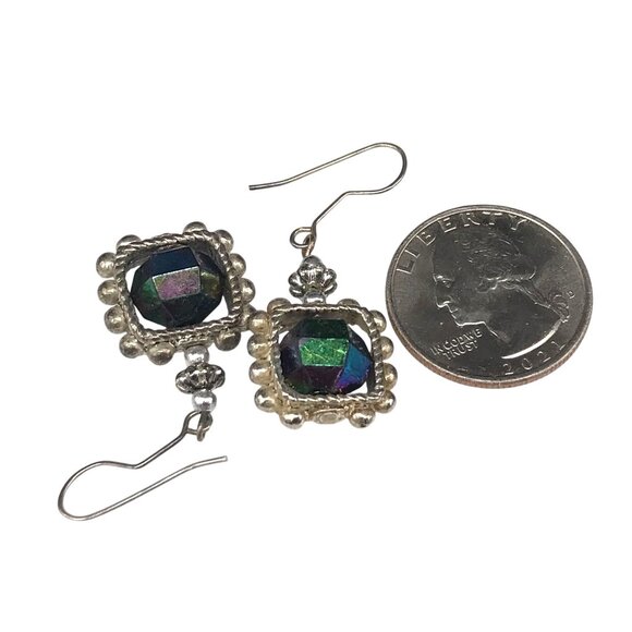 Vintage Etruscan Revival Spin Bead Earrings, Silver Tone Orbital Square Dangle - Picture 6 of 6